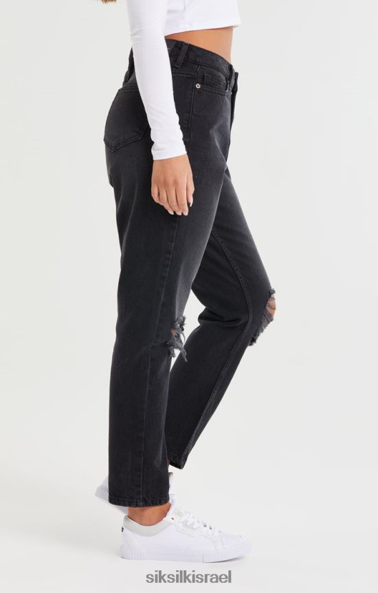 SikSilk לבוש 008V2F191 ג'ינס אמא ג'ינס מכובס שחור ברכיים נשים