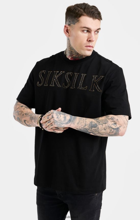 SikSilk לבוש 008V2F383 חולצת טריקו שחורה עם לוגו יהלומים מלאכותיים גברים