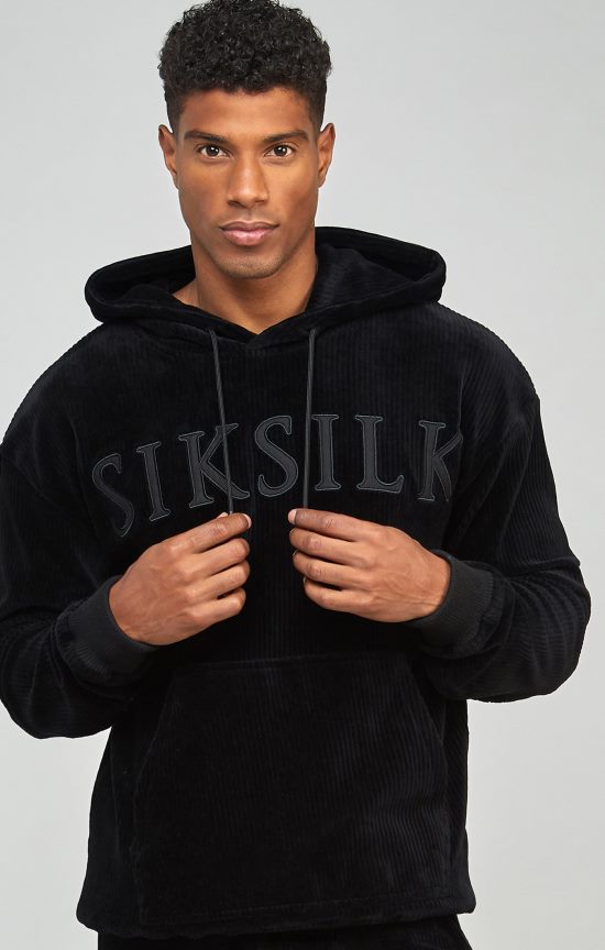 SikSilk לבוש 008V2F414 קפוצ'ון עליון עם לוגו אפליקציית קורדרוי שחור גברים