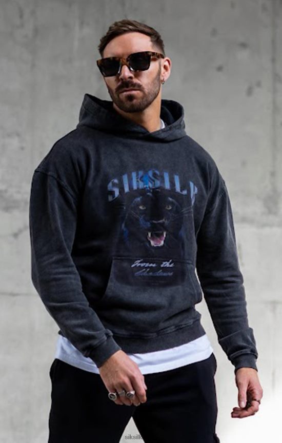 SikSilk לבוש 008V2F440 קפוצ'ון שחור גרפי דק קצוץ גברים