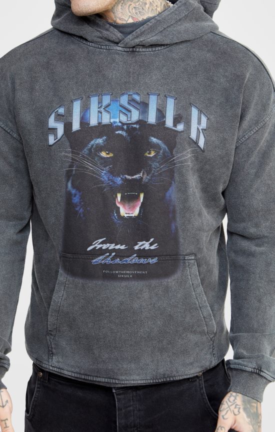 SikSilk לבוש 008V2F440 קפוצ'ון שחור גרפי דק קצוץ גברים