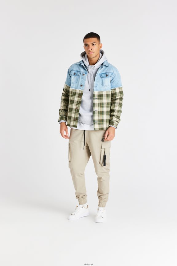 SikSilk לבוש 008V2F496 ז'קט ג'ינס ניגודיות משובץ ירוק גברים