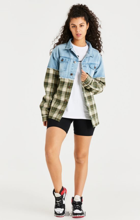 SikSilk לבוש 008V2F496 ז'קט ג'ינס ניגודיות משובץ ירוק גברים