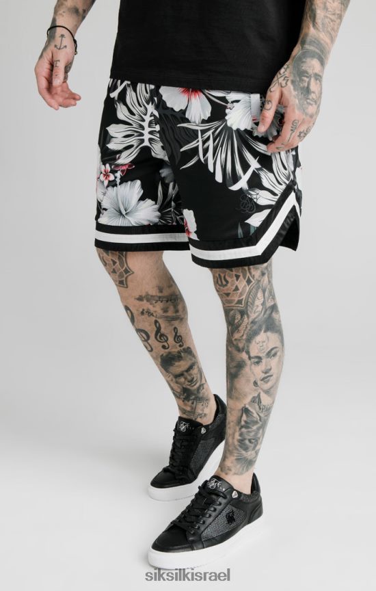 SikSilk לבוש 008V2F591 מכנסי כדורסל פרחוניים - שחורים גברים