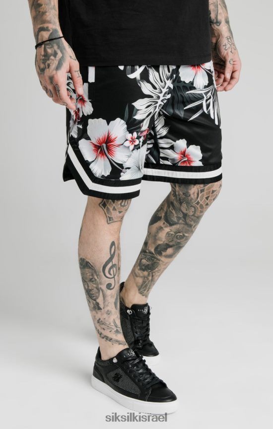 SikSilk לבוש 008V2F591 מכנסי כדורסל פרחוניים - שחורים גברים