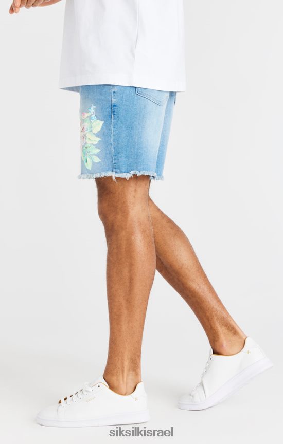 SikSilk לבוש 008V2F601 מכנסי ג'ינס פרחוניים גולמיים - כחול אבן מידה בהיר גברים