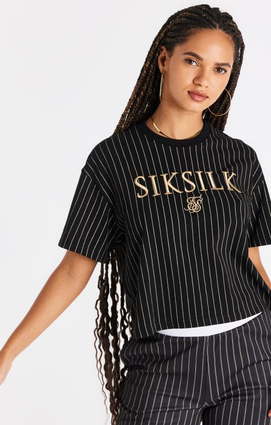 SikSilk לבוש 008V2F66 חולצת טריקו שחורה עם פסים נשים